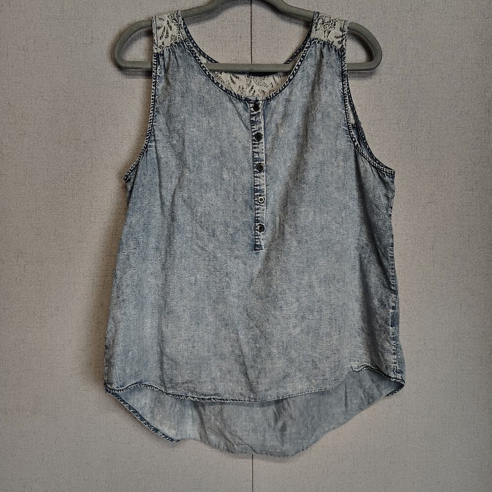 Signature Studio Womens XL Chambray Lace Back Tank Top Boho Western High Low